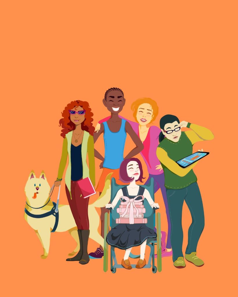 A group of people with various disabilities such as visual impairment as well as parapalegia grin and embrace each other, with 2 holding books. Orange background.