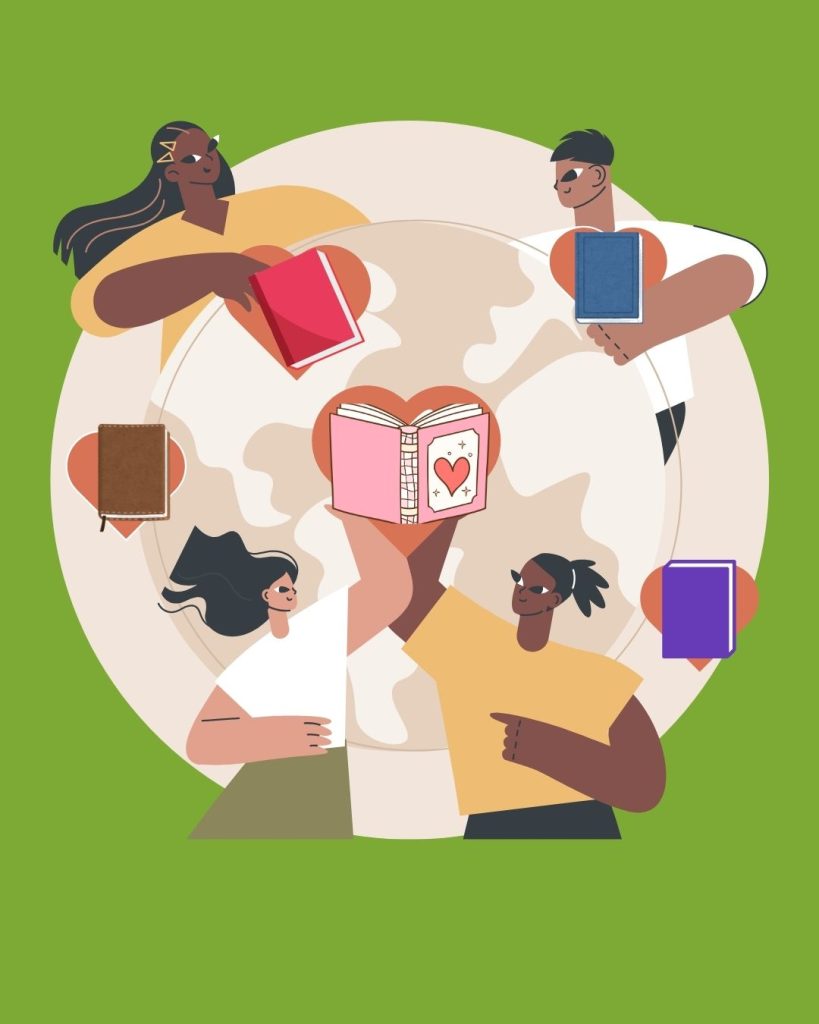 4 Black people hold hearts over a tan globe with a green background. Over the hearts are books.