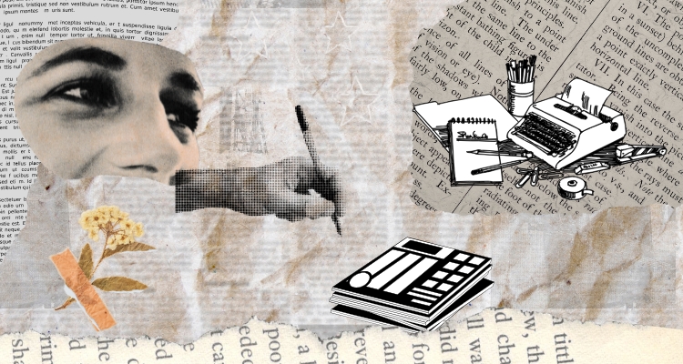 Image shows multiple ripped pages in the background with magazine cutout of a woman's eyes and nose, a hand with a pen, and a taped flower. The right holds illustrations of a stack of magazine and desk items including a typewriter, folders, and pencil holder.
