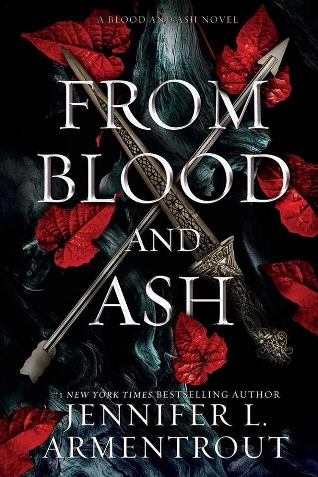 From Blood and Ash cover with an arrow underneath a sword, and both weapons placed in a cross. The cover's dark background contrasts with the vibrant read leaves spread around the weapons.