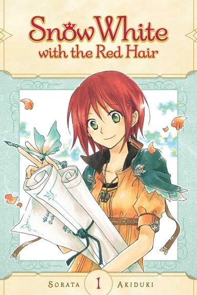 Snow White with the Red Hair by Sorata Akiduki book cover with Shirayuki holding several large scrolls and smiling down at them while also holding a large pen