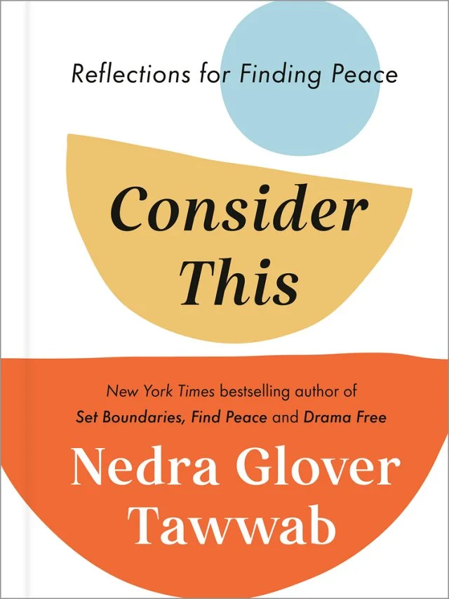 A white background. A blue circle, a yellow semicircle, and an orange semicircle stacked on top of each other. Consider This: Reflections for Finding Peace in black lettering.