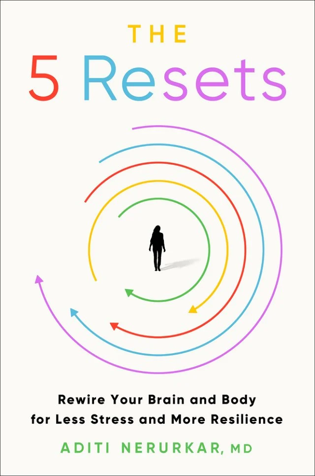 A white background. A small, black silhouette of a person walking away. Circling them are five curved arrows in green, yellow, red, blue, and purple. The 5 Resets in yellow, red, blue, and purple lettering. Rewire Your Brain and Body for Less Stress and More Resilience in black lettering.