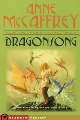 The cover of Dragonsong, the first book in Anne McCaffrey’s Harper Hall Trilogy, showcases a young girl standing among small, flying fire lizards against a green background.