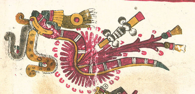 Mesoamerican depiction of Quetzalcoatl, the feathered serpent deity from Aztec mythology. This colorful codex-style artwork features a serpent with intricate plumage, blending snake and bird elements, symbolizing wisdom, wind, and creation.