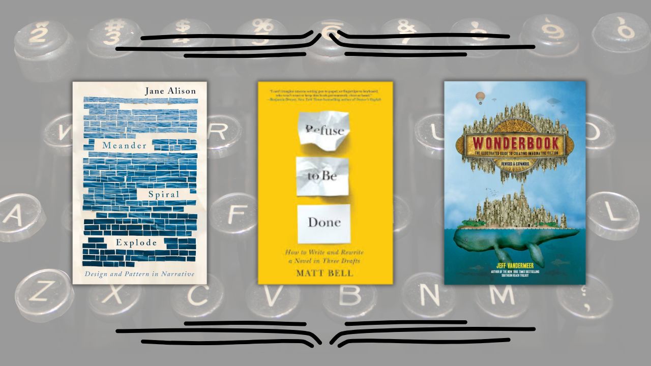 The cover of Meander, Spiral, Explode, Refuse to be Done, and Wonderbook against a background image of typewriter keys
