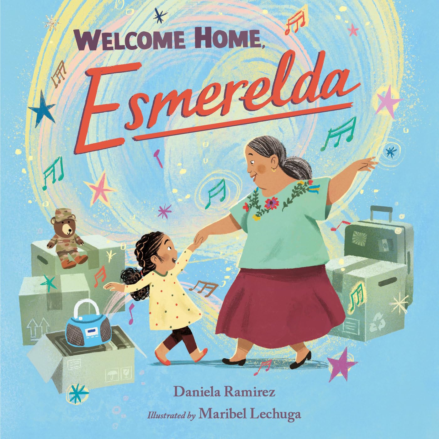 Book cover of Welcome Home, Esmerelda by Daniela Ramirez, Illustrated by Maribel Lechuga, featuring a brown-skinned child with long, dark curly hair dancing with an elderly brown-skinned adult with long, straight silver hair; the duo are surrounded by boxes and suitcases.