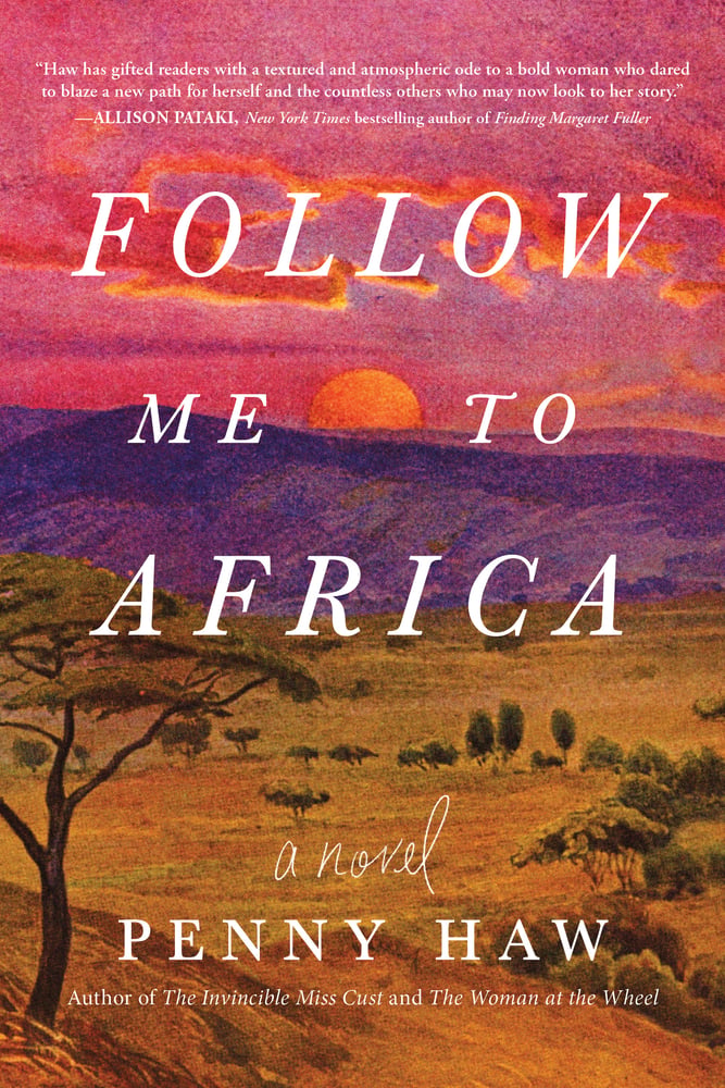 The book cover for Follow Me to Africa. A landscape of the Serengeti Plains at sunset. Golden grass with short green trees are in the foreground. A low, purple mountain with an orange and pink sky is in the background. Follow Me to Africa is in white lettering.