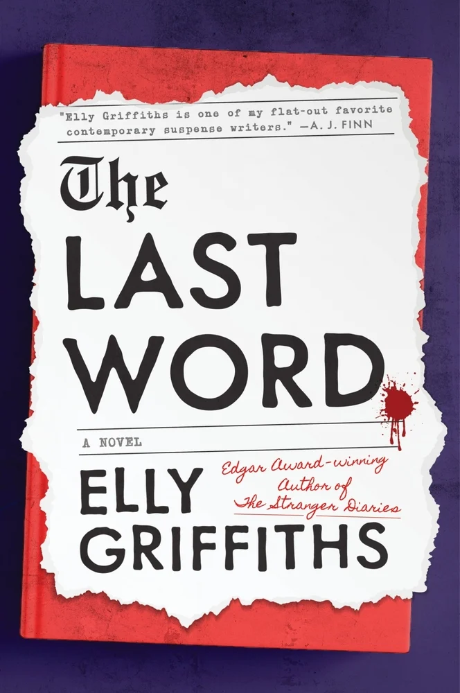 A book cover for The Last Word. A dark purple background with a red book on it. On top of the book is a torn piece of white paper with a blood splatter on it. The Last Word is in black newspaper typeface.