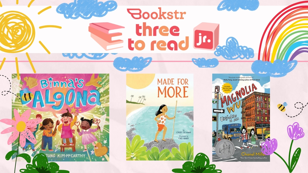 Binna's Dalgona by Sojung Kim-McCarthy (@amandamorrowart) | Publisher: Dial Books/Penguin Kids (@penguinkids) 🐤 Elementary Readers: Made for More by Chloe Ito Ward (@chloeitoward), Illustrated by Gael Abary (@gaelabary) | Imprint: Allida Books (@allidabooks) | Publisher: HarperKids (@harperkids) 🐔 Middle Grade Readers: Magnolia Wu Unfolds It All by Chanel Miller book covers surrounded by children's crayon drawings of pink and purple flowers, blue clouds, a yellow sun, and a rainbow.
