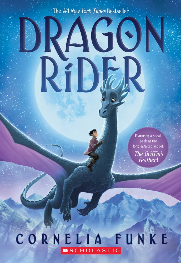 Fantasy-themed book cover of Dragon Rider by Cornelia Funke, showing a young boy riding a majestic blue dragon through a snowy mountain landscape under a glowing full moon, capturing the spirit of adventure and magical discovery.