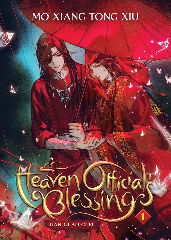 Cover of Heaven Official’s Blessing by Mo Xiang Tong Xiu, depicts two elegantly dressed male characters in red robes under a crimson umbrella, surrounded by butterflies in a magical atmosphere.