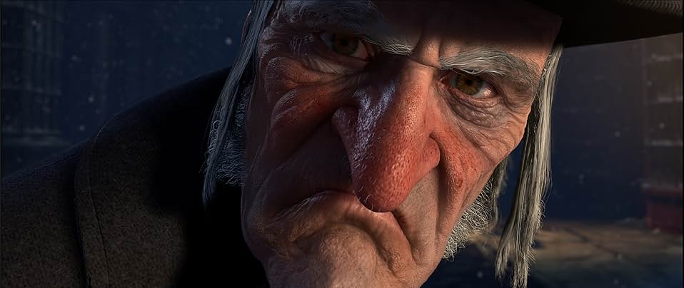 An old man with a long, hooked nose sneers angrily. He wears a black suit and hat.