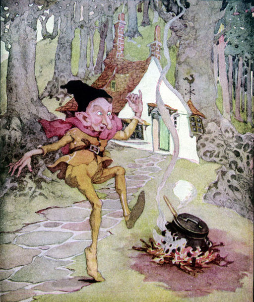 An imp with a large nose and pointed ears wears a black hat, a red cape, a yellow tunic, yellow tights, and a brown belt. He dances beside a fire with a pot resting on top of it. Behind him is a forest with a white cottage in the middle.