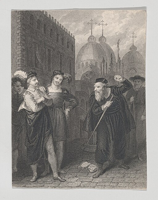 A black and white etching of an old man with a long beard and pointed nose dressed in black. He holds a cane and raises his fist in anger at two other men in traditional Elizabethan clothing. Behind are various buildings, including domes topped with crosses.