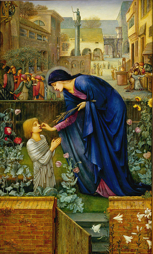 In a flower garden, a boy with bound arms kneels before the Virgin Mary, depicted in a purple dress with a blue cloak. She bends down and places something in his mouth. Behind is a city street where groups of citizens huddle and talk with each other.