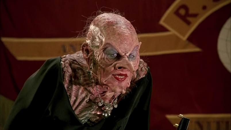 A witch with a bald head, pointed nose, and ancient, wrinkled skin wears a silver necklace and black dress. Behind her is a red and yellow banner.