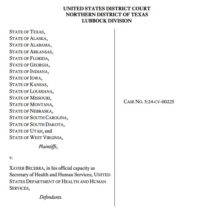 Screenshot of the first page of the Texas vs. Becerra document, listing Texas, Alaska, Alabama, Arkansas, Florida, Georgia, Indiana, Iowa, Kansas, Louisiana, Missouri, Montana, Nebraska, South Carolina, South Dakota, Utah, and West Virginia as the complaintants.