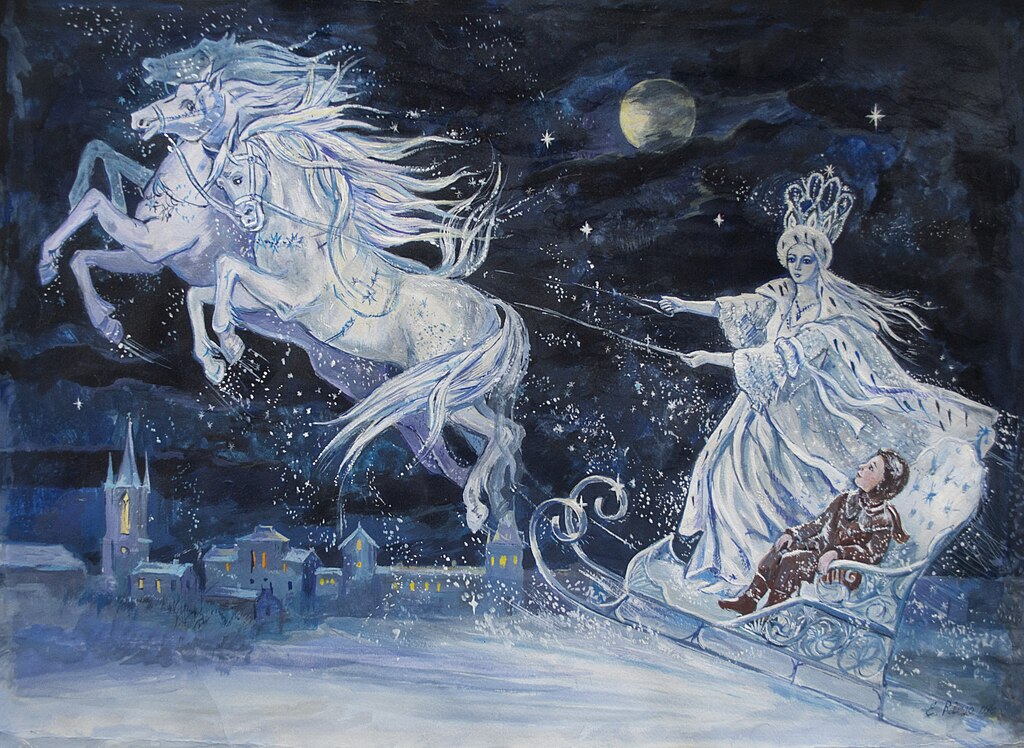 Illustration of a white-skinned adult driving a flying sleigh drawn by three white horses while a light-skinned child wearing brown winter clothes sits in the passenger seat and flies off into the night.