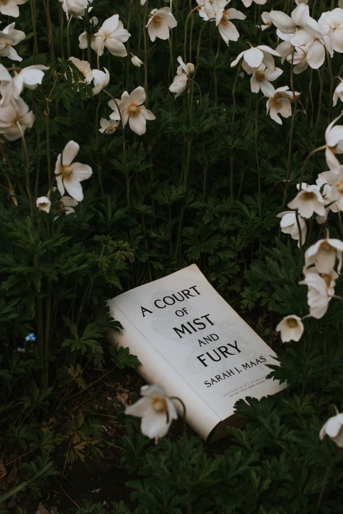A copy of the book A Court of Mist and Fury sitting among green leaves and white flowers.
