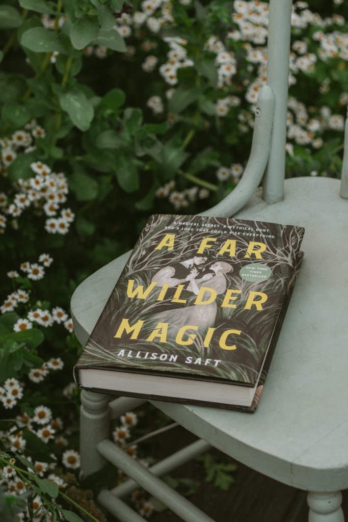 A pale green chair with a copy of the book A Far Wilder Magic sitting on top. Behind is a field of wild white daisies.
