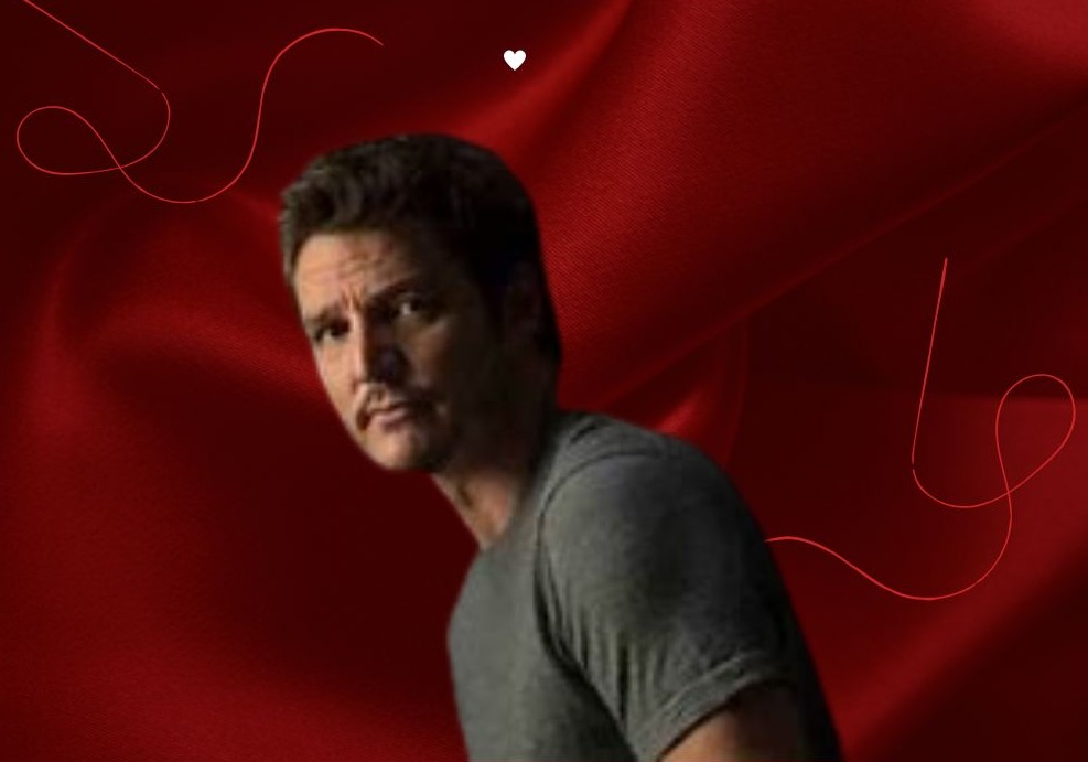 A portrait of Pedro Pascal with a silky red backround.