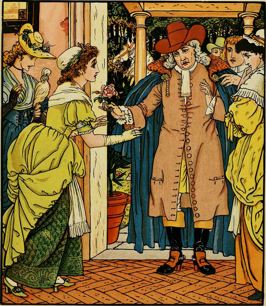 A woodcut illustration of a man being greeted by several young women and servants in old-fashioned dress; he holds a pink rose out to the closest woman, who reaches for him with concern.