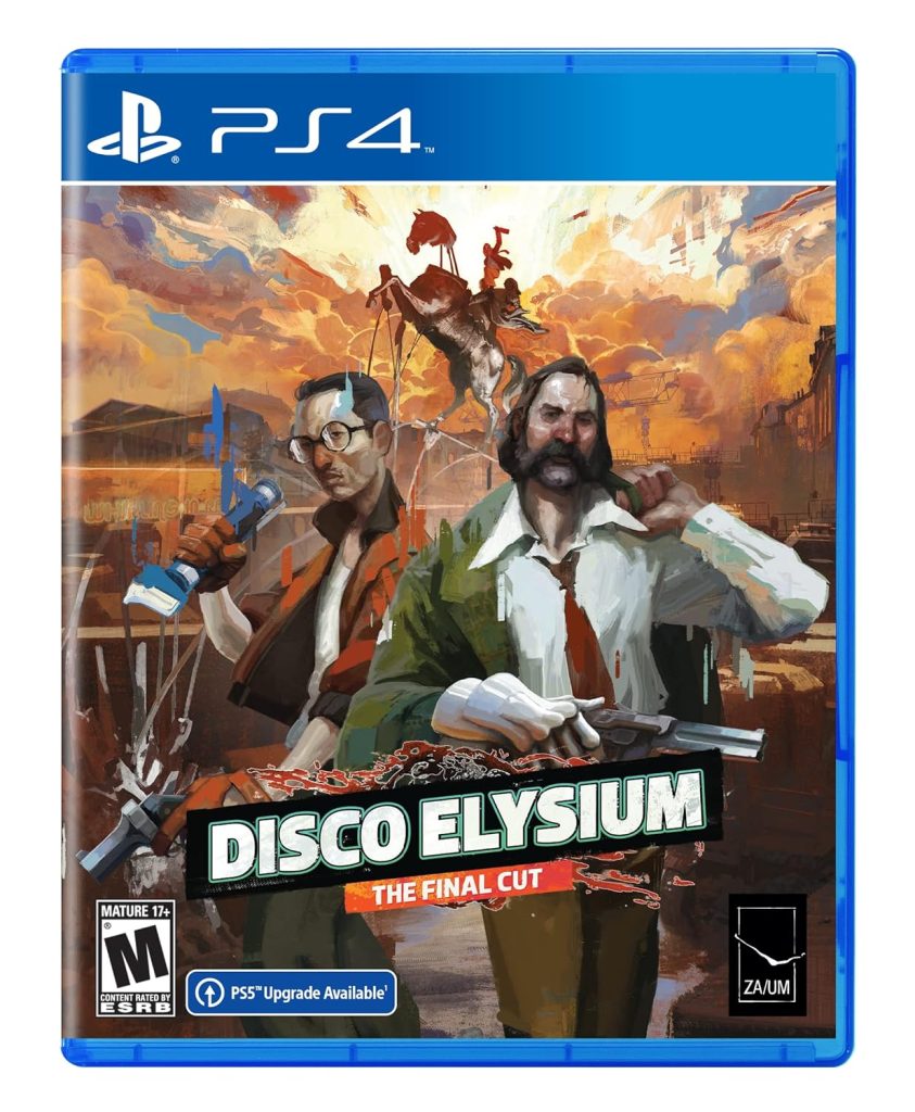 A Playstation 4 video game cover. Two men stand in front of an orange and brown water color landscape with a rearing horse. The man on the left wears black glasses, an orange and brown jacket, and a white t-shirt. He holds an axe in one hand and a gun in the other. The man on the right wears a white button down shirt with a red tie and slings a green jacket over his shoulders. He holds a shotgun. Disco Elysium: The Final Cut is in white lettering.
