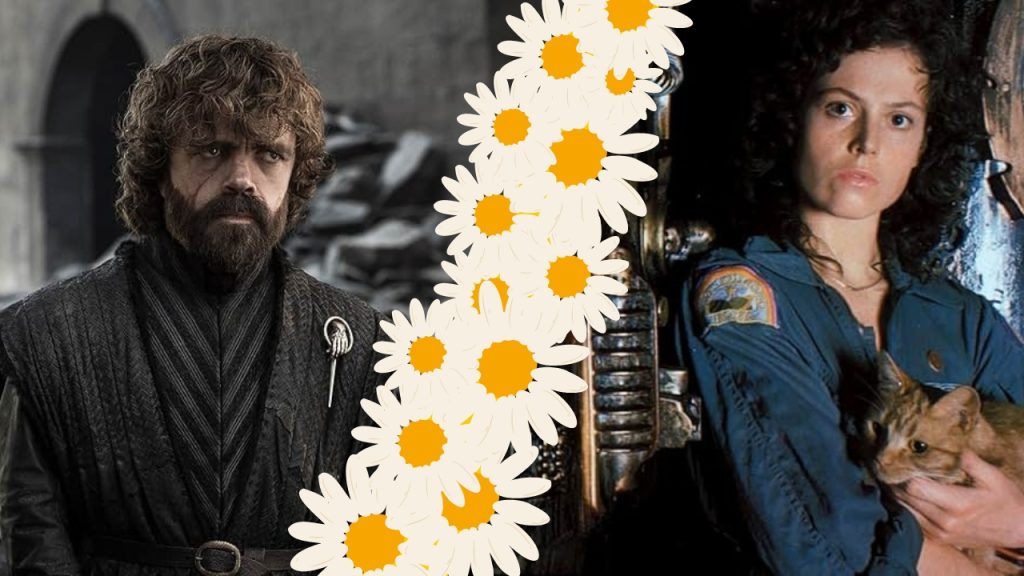 Two images split down the middle with a row of cartoon daisies. On the left, a man with a scarred face wears a black striped doublet with a silver hand pin fixed to his left shoulder. On the right, a woman in a blue stained work jumpsuit holds an orange cat.