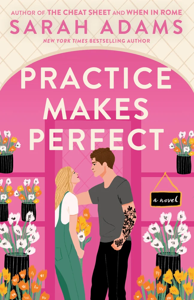 A pink background. There are shelves full of white, orange, and yellow flowers in black pots. A woman wearing green overalls and a white t-shirt holds a bouquet and leans against a door frame. In front of her, a man wearing a gray t-shirt and black pants with floral tattoo sleeve leans into her. Above is a white checked archway. Practice Makes Perfect is in white lettering.