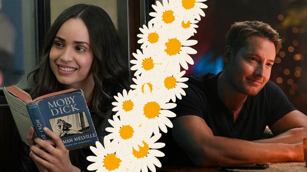 Two images split down the middle with a row of cartoon daisies. On the left, a woman smiles and holds a copy of Moby Dick. On the right, a man wearing a black t-shirt smiles.
