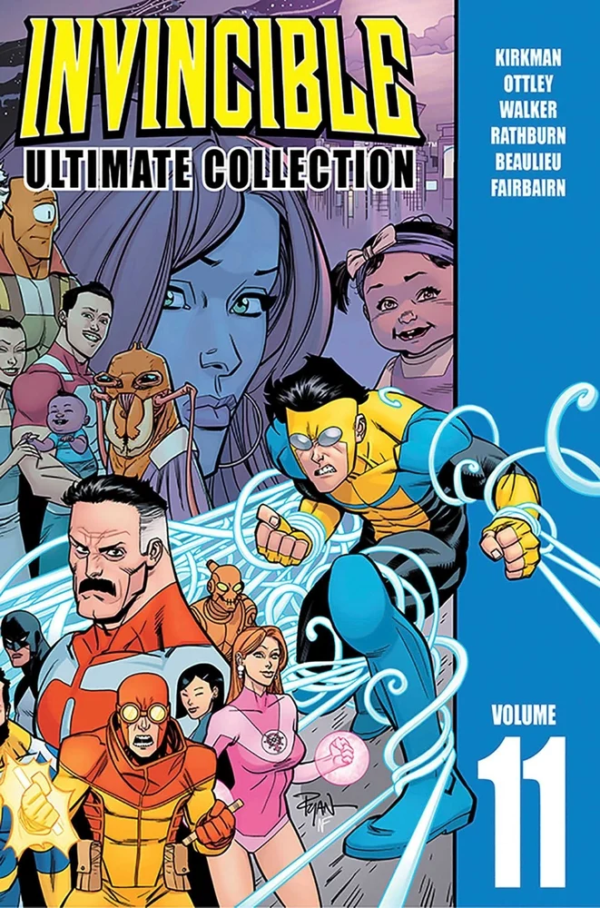 Invincible Ultimate Collection by Robert Kirkman, comic series depicting a colorful display of superheroes from the comic series demonstrating their colorful powers.
