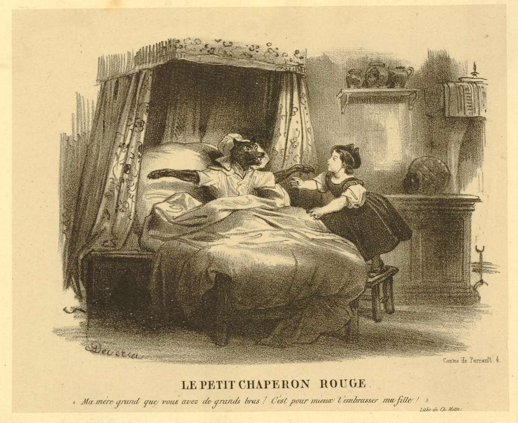 An illustration of a light-skinned child with dark hair leaning over a bed in which a wolf wearing old-fashioned women's sleeping clothes and a bonnet holds its arms out wide.