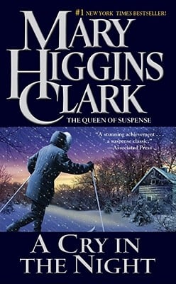 The book cover for A Cry in the Night. A dark blue background blocking out the top and bottom. Between the blocks is a snowy sunset landscape. A figure in a blue snowsuit on skies approaches a cabin in the woods. A Cry in the Night is in white lettering.