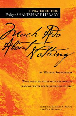 The book cover for Much Ado About Nothing. An abstract orange background. Much Ado About Nothing is in black lettering.