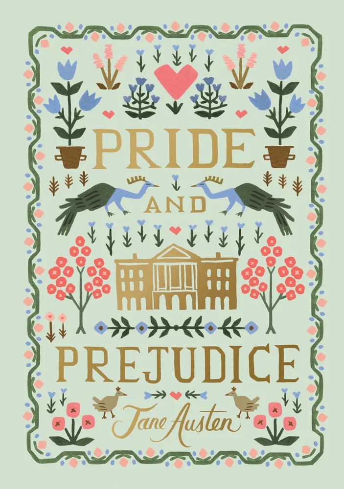 The book cover for Pride and Prejudice. A light green background with a green vine and pink flower border. In the middle are blue and pink flowers, blue peacocks, brown birds, pink floral trees, and a gold mansion. Pride and Prejudice is in gold lettering.
