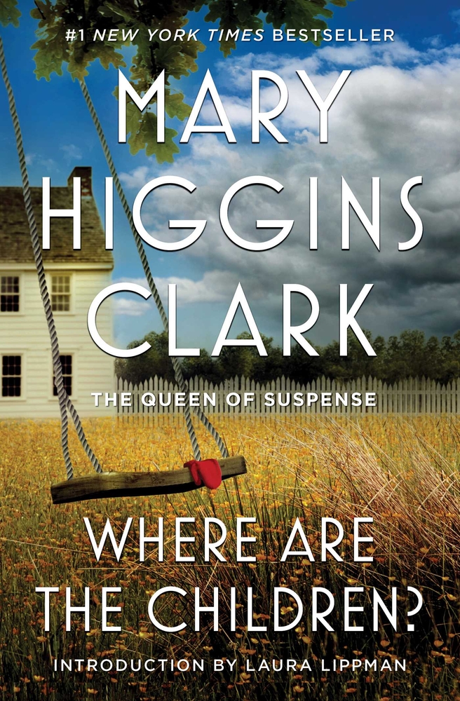 A backyard full of green and yellow grass. A rope swing with a red mitten on it danges mid-swing from a tree. In the background is a white house, white picket fence, trees, and a blue sky with gathering storm clouds. Where Are the Children? is in white lettering.