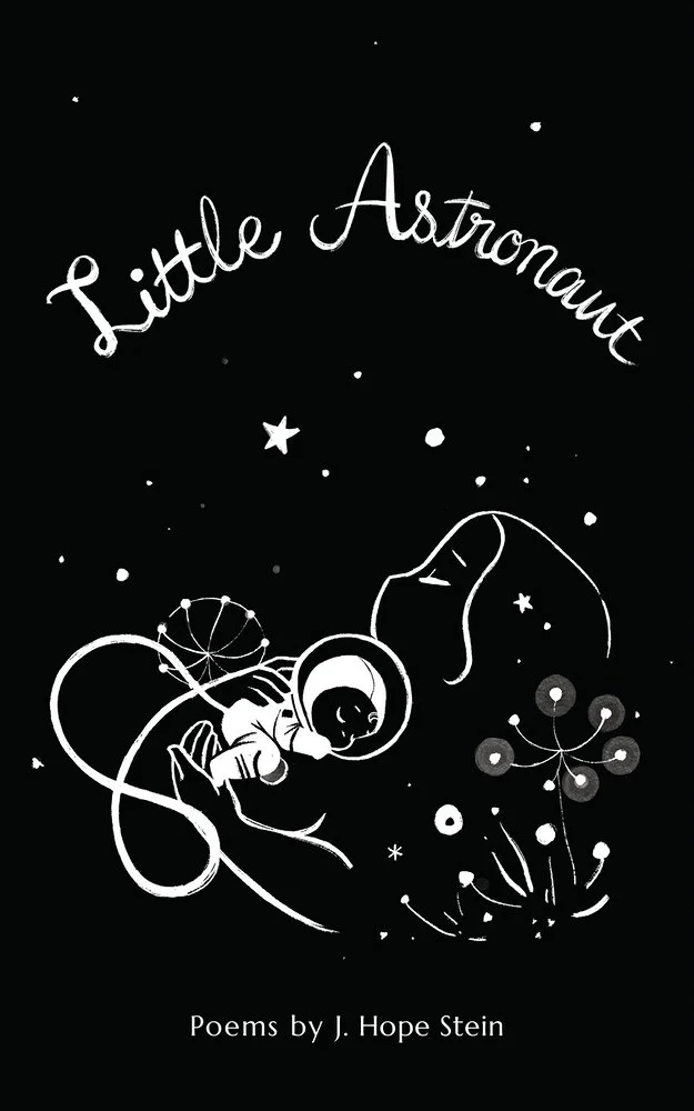 The book cover for little astronaut. A black background with white stars and dandelion puffs. In white, a baby in an astronaut outfit lays on a woman's outline in white. Little Astronaut is in white lettering.