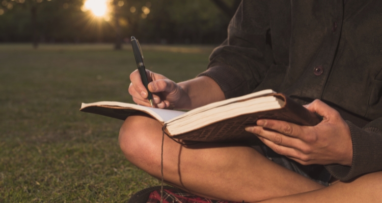 Someone is sitting on a patch of grass writing in a brown leather notebook as the sun sets.