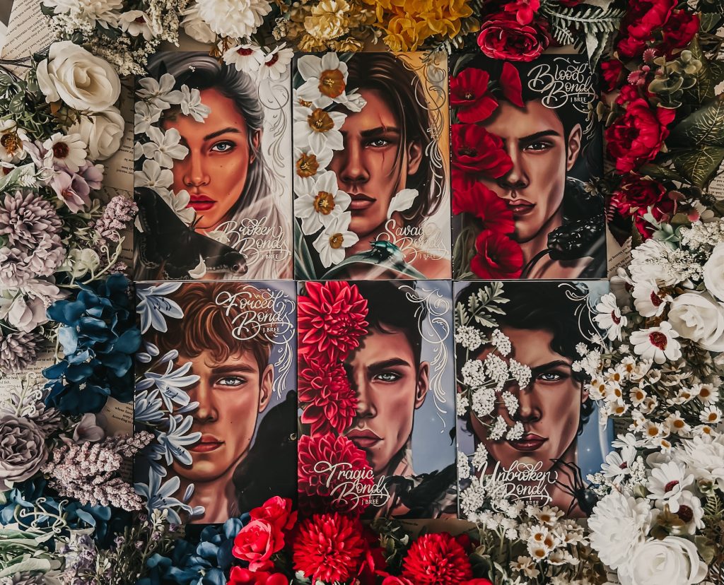 All six book covers for The Bonds That Tie series. The top left cover has a woman with grey hair, white flowers, and a brown moth. The top middle cover has a man with brown hair and a scarred face with white and yellow flowers and a teal beetle. The top right cover has a man with black hair, red flowers, and a black snake. The bottom left cover has a man with golden hair, blue flowers, and a black panther's head. The bottom middle cover has a man with brown hair, dark pink flowers, and a black scorpion. The bottom right cover has a man with black hair, white flowers, and a black spider. The book covers are surround by white, yellow, red, dark pink, and blue flowers. The flowers are arranged to be beside the covers with the matching color/flower type.