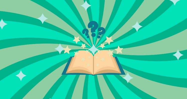 A green swirl design with sparkles covers the background with the middle displaying a book with stars coming out of it along with three question marks hanging above it.