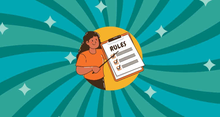 A blue and green swirl design with sparkles covers the background with the middle displaying a woman holding up a clipboard with the word "rules" and some check marks.