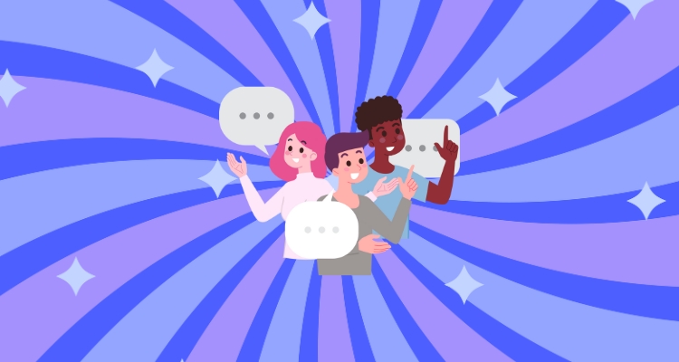 A purple and blue swirl design with sparkles covers the background with the middle displaying three people smiling with speech bubbles next to them.
