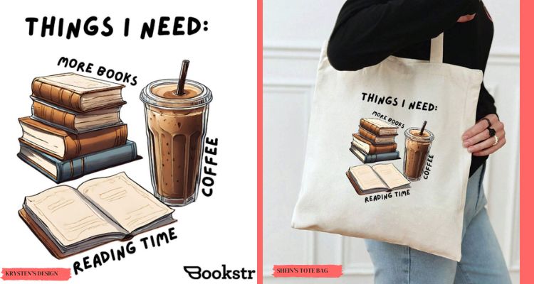 Side-by-Side comparing Krysten's design for Bookstr to the tote bag sold on SHEIN