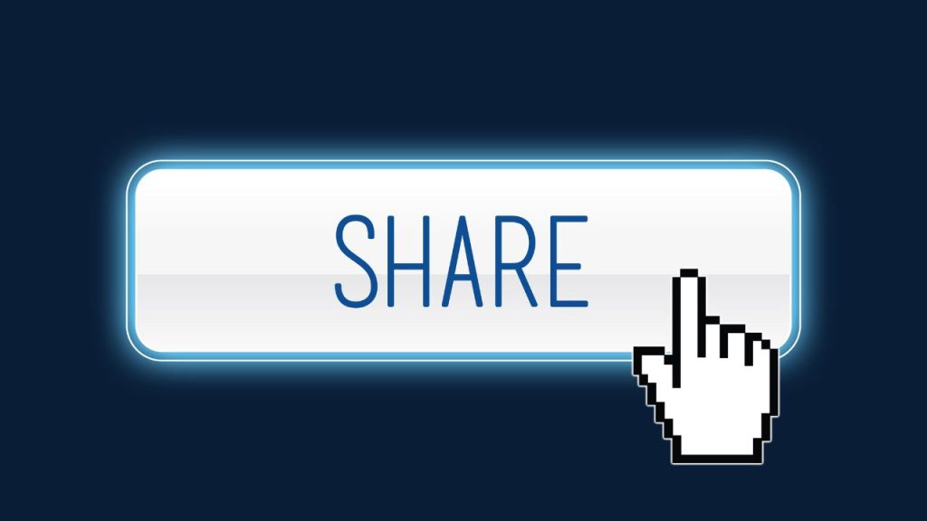 Hand cursor clicks a white "Share" button against a dark blue background.