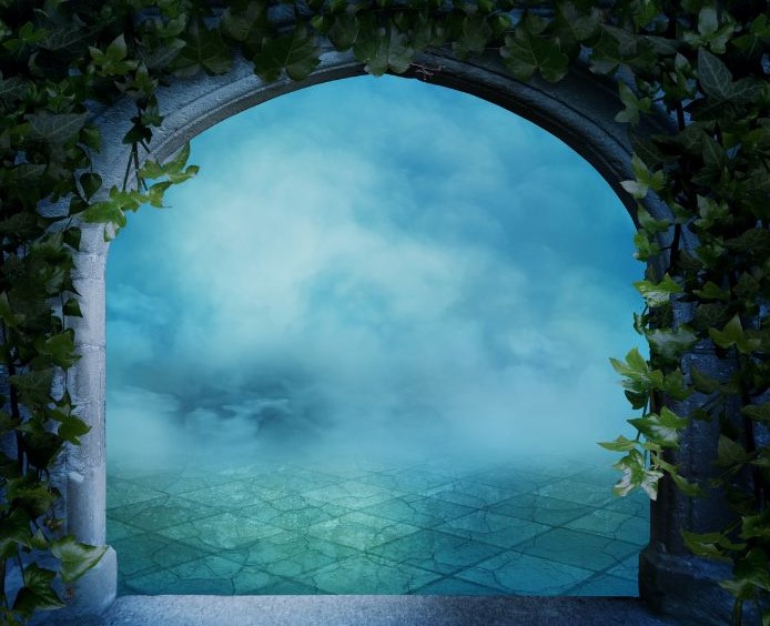 A stone gateway that is surrounded by ivy. The area beyond it is marble flooring, but most of it is shrouded in fog.