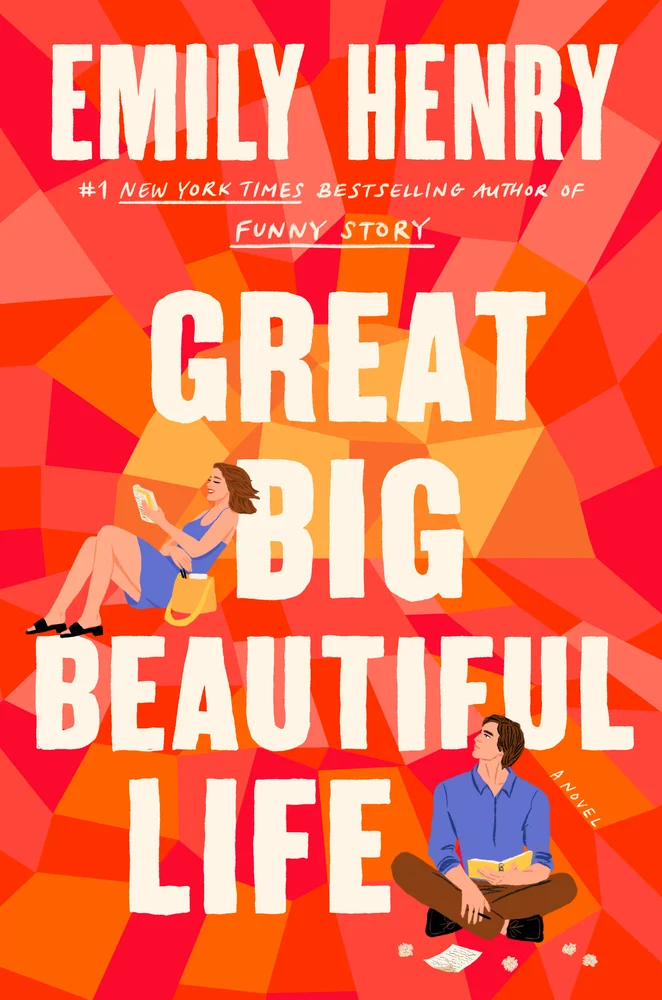 The book cover for Great Big Beautiful Life. A sunburst mosaic background in red, orange, and yellow. A woman wearing a blue dress and black shoes holds a notebook and reaches into a yellow handbag. Below, a man in a blue shirt, brown pants, and black shoes watches her. He holds a yellow notebook and is surrounded by balled up pieces of paper. Great Big Beautiful Life is in white lettering.