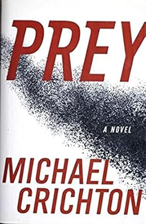 Prey by Michael Crichton book cover depicting White background with a condensed black cloud flowing through it like a school of fish.