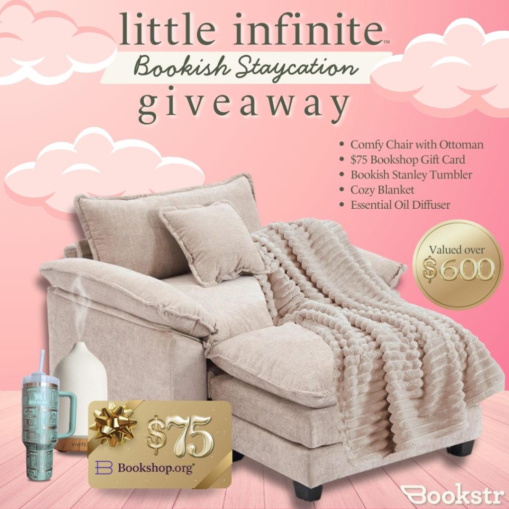 little infinite giveaway poster, includes a khaki chair, bookshop gift card, stanley cup, diffuser all on a soft pink background