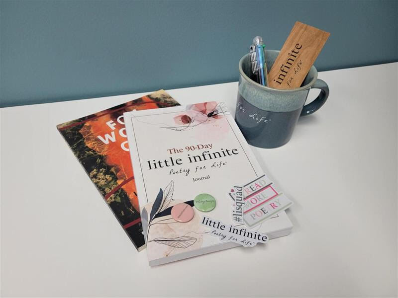 little infinite swag, books, cup, pens, and stickers